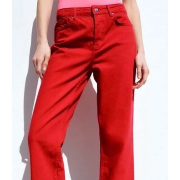 Zara Womens Button Fly Jeans Red Straight Leg High Waist Collection Size 8 - Picture 3 of 11